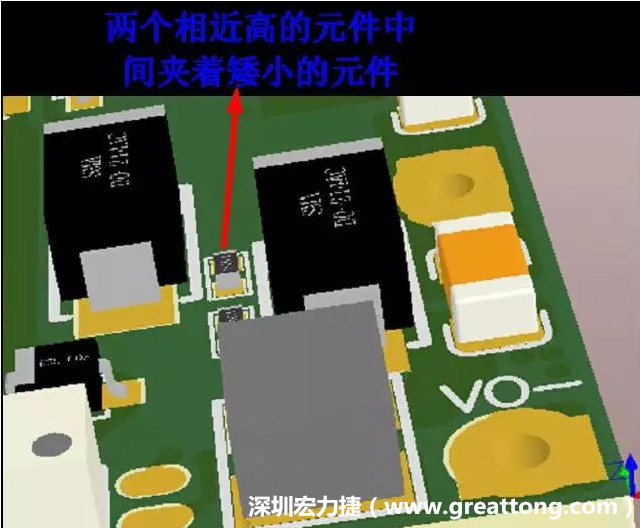 放置器件時(shí)要考慮以后的焊接和維修，兩個(gè)高度高的元件之間盡量避免放置矮小的元件