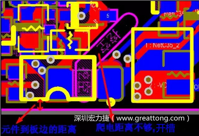 如果碰到模塊PCB空間有限，爬電距離不夠，可以采用開(kāi)槽的方式