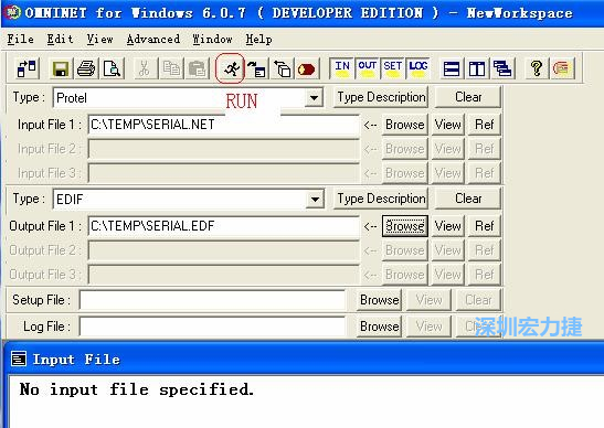 輸出文件類型(Type)選 EDIF。Output File 1 指定輸出文件的文件名和路徑。然后點擊 Run(跑動的小人)。